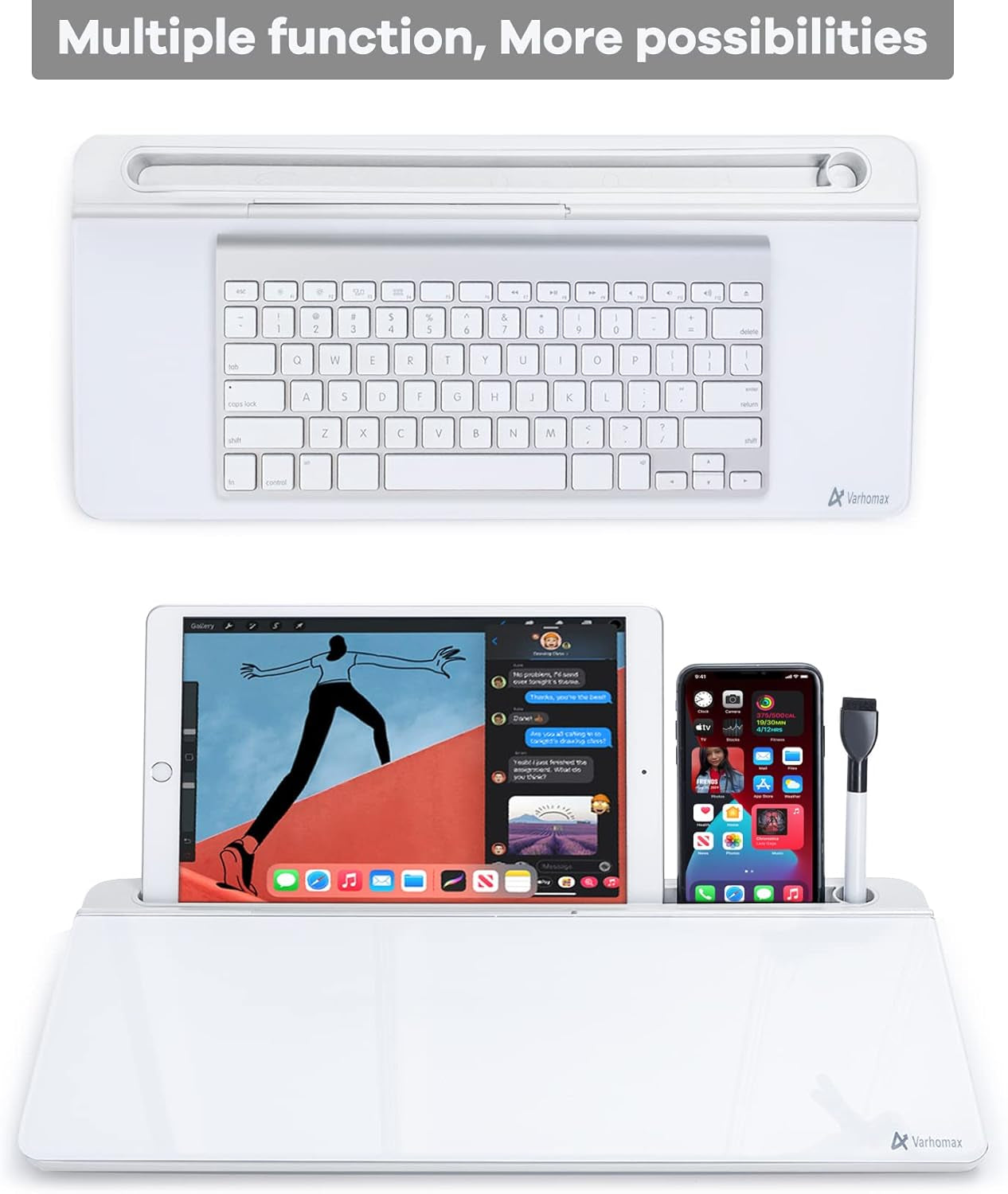White Glass Desk Whiteboard with Storage - Desktop Organizer for To-Do Lists and Memo Notes, Dry Erase Board for Home Office and Educational Use