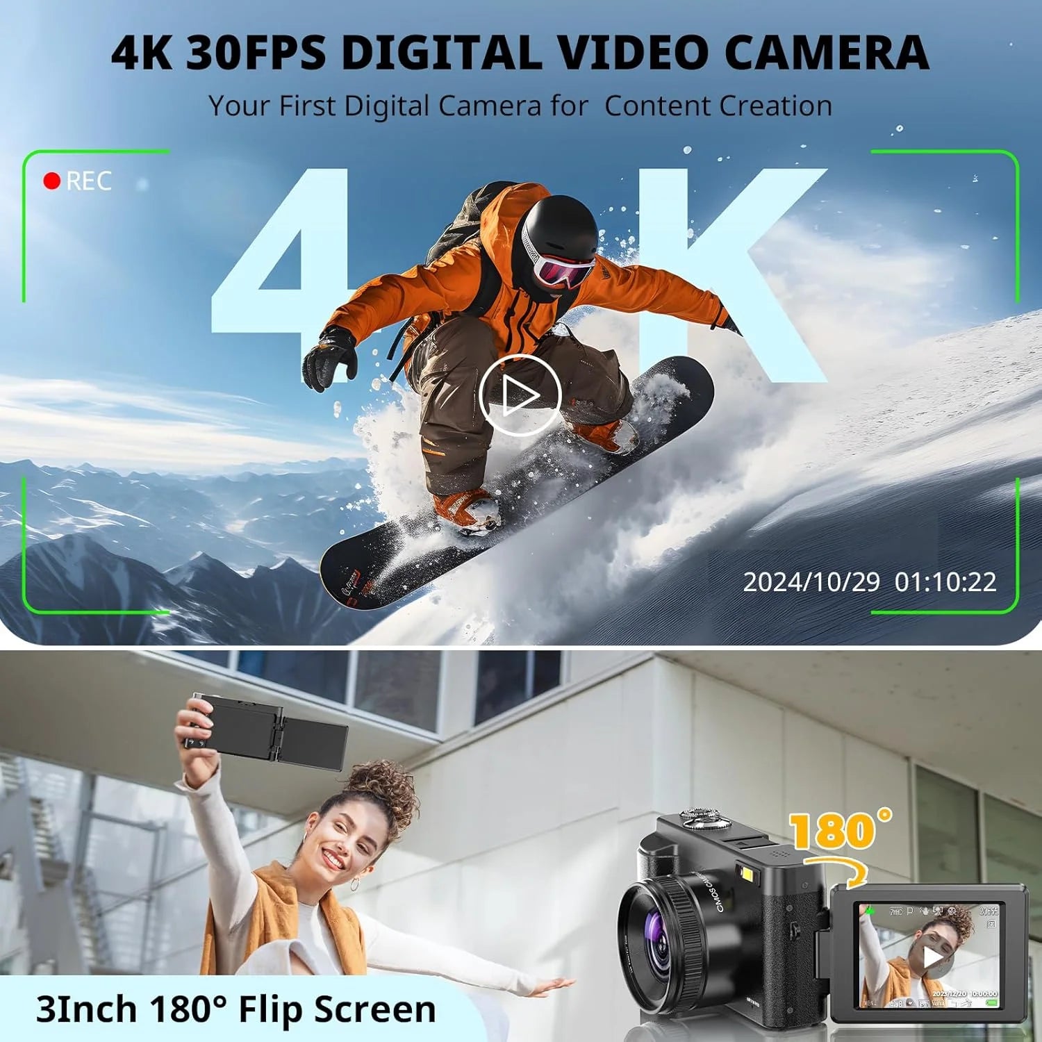 4K Digital Vlogging Camera with 48MP, Autofocus, 16X Digital Zoom, and 32GB Memory Card for Photography and YouTube