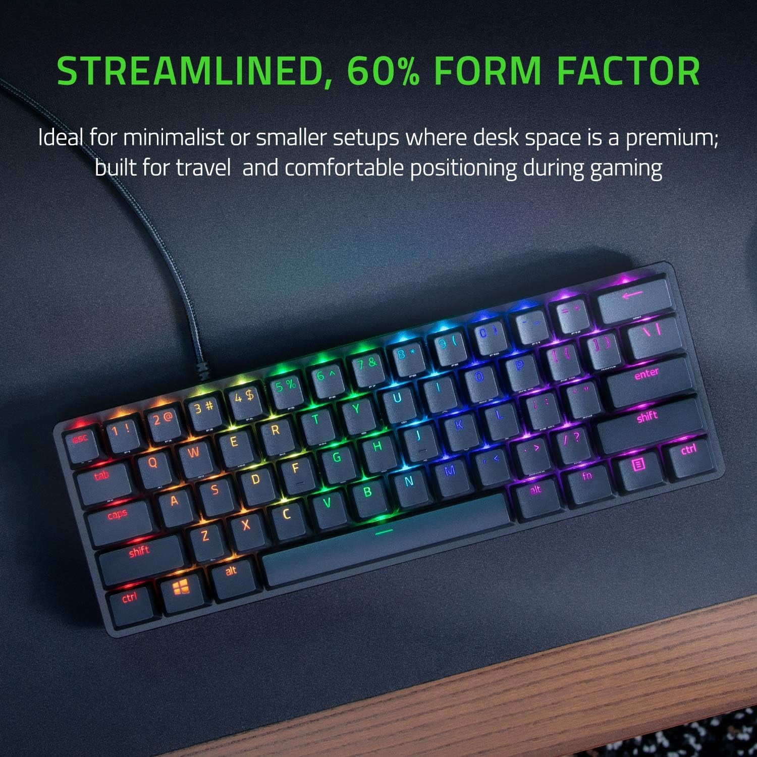 Razer Huntsman Mini 60% Gaming Keyboard with Linear Optical Switches, Aluminum Top Frame, Chroma RGB Lighting, PBT Keycaps, Onboard Memory, and Snap Tap Technology in Black