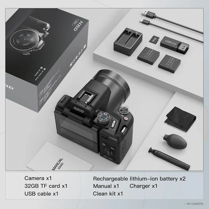 4K 64MP Digital Camera with 16X Zoom and 32GB SD Card - Black