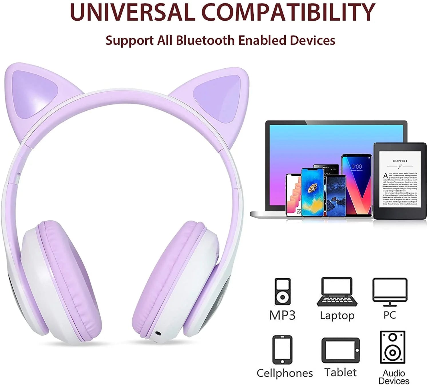 Children's Bluetooth Headphones with Cat Ear Design, LED Lights, Over-Ear Style, and Built-in Microphone