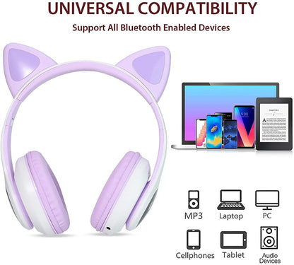 Children's Bluetooth Headphones with Cat Ear Design, LED Lights, Over-Ear Style, and Built-in Microphone