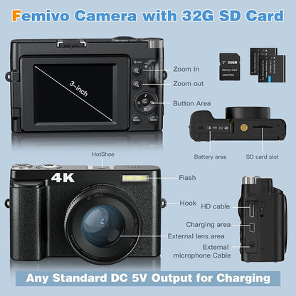 4K Digital Vlogging Camera with 48MP, Autofocus, 16X Digital Zoom, and 32GB Memory Card for Photography and YouTube