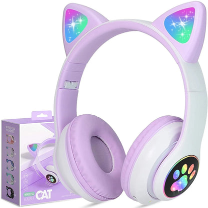 Children's Bluetooth Headphones with Cat Ear Design, LED Lights, Over-Ear Style, and Built-in Microphone