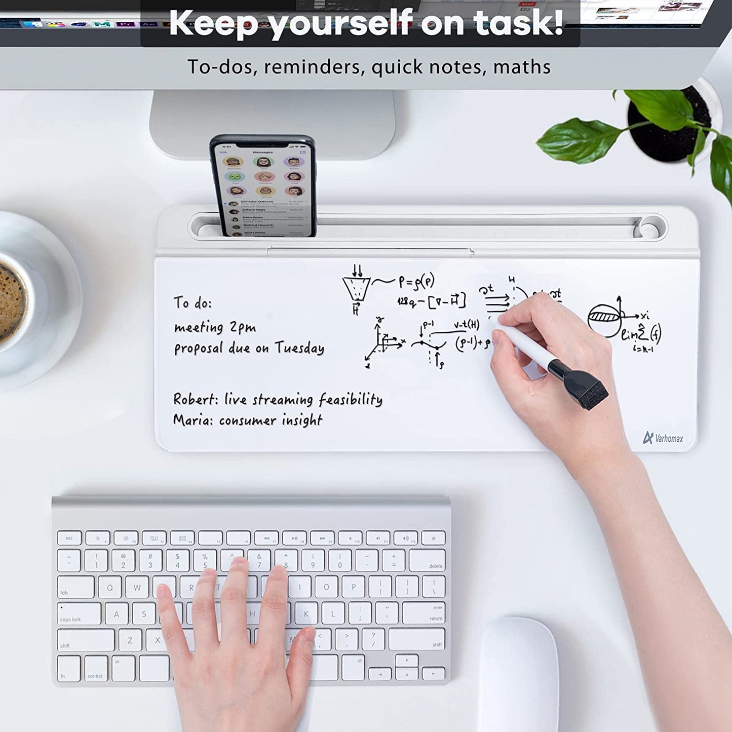White Glass Desk Whiteboard with Storage - Desktop Organizer for To-Do Lists and Memo Notes, Dry Erase Board for Home Office and Educational Use