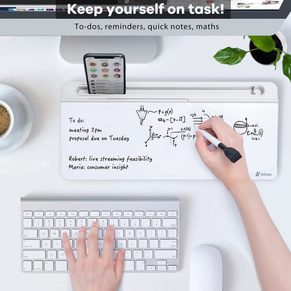 White Glass Desk Whiteboard with Storage - Desktop Organizer for To-Do Lists and Memo Notes, Dry Erase Board for Home Office and Educational Use