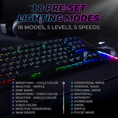 Phantom 87-Key RGB Mechanical Gaming Keyboard with Outemu Red Switches, 16.8 Million Color LED Lighting, 18 Pre-Set Modes, Low Latency, N-Key Rollover, Customizable Software Keys, and Wired USB Connection