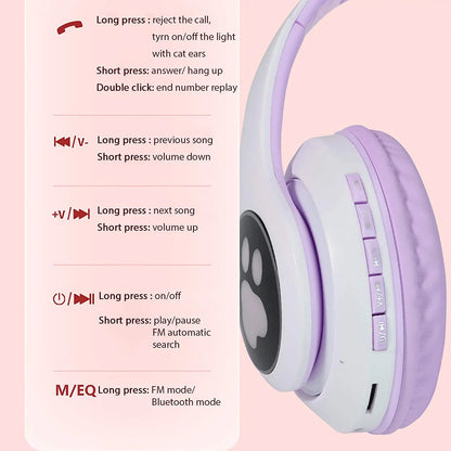 Children's Bluetooth Headphones with Cat Ear Design, LED Lights, Over-Ear Style, and Built-in Microphone