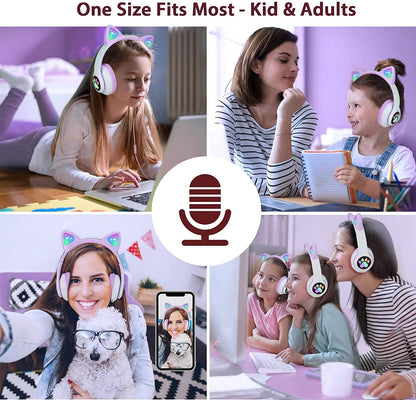 Children's Bluetooth Headphones with Cat Ear Design, LED Lights, Over-Ear Style, and Built-in Microphone