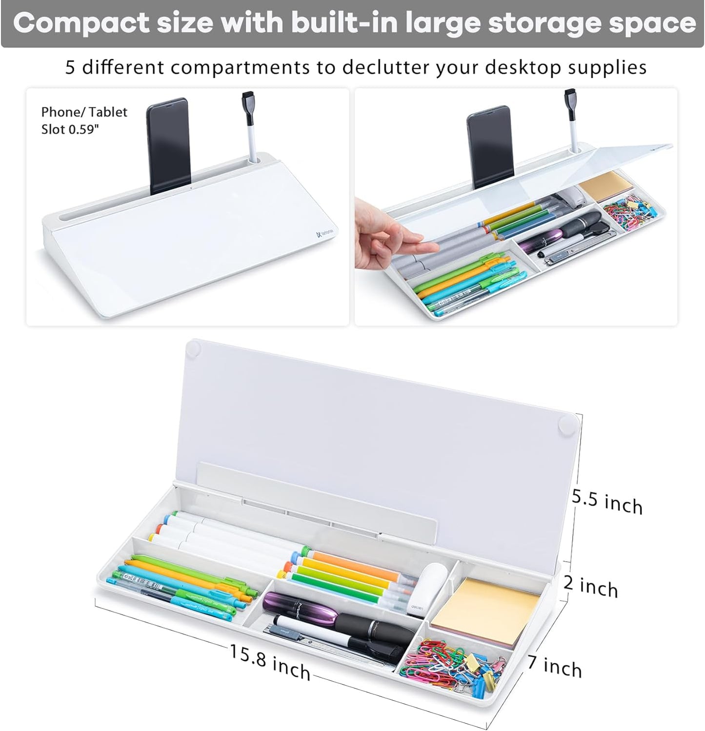 White Glass Desk Whiteboard with Storage - Desktop Organizer for To-Do Lists and Memo Notes, Dry Erase Board for Home Office and Educational Use