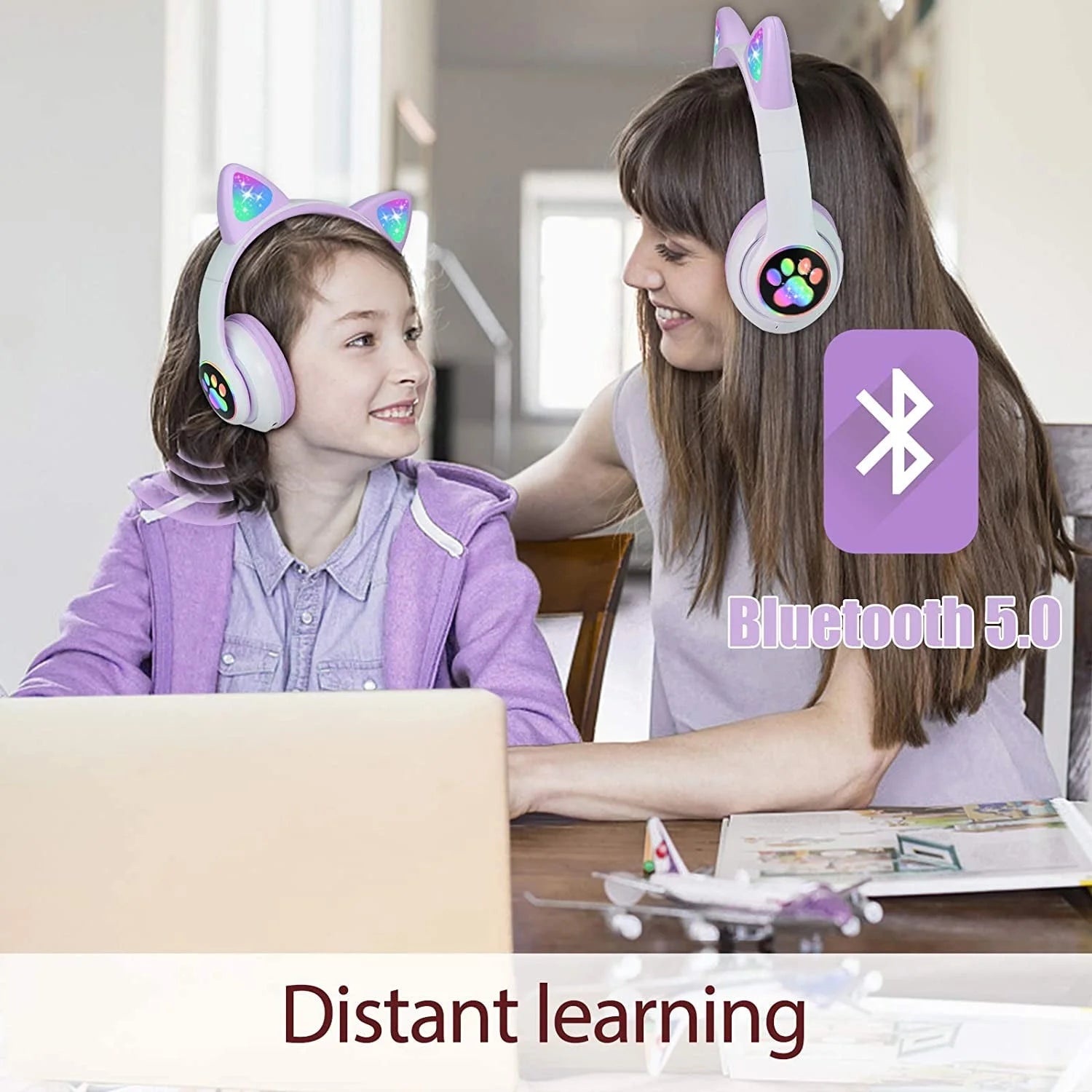 Children's Bluetooth Headphones with Cat Ear Design, LED Lights, Over-Ear Style, and Built-in Microphone