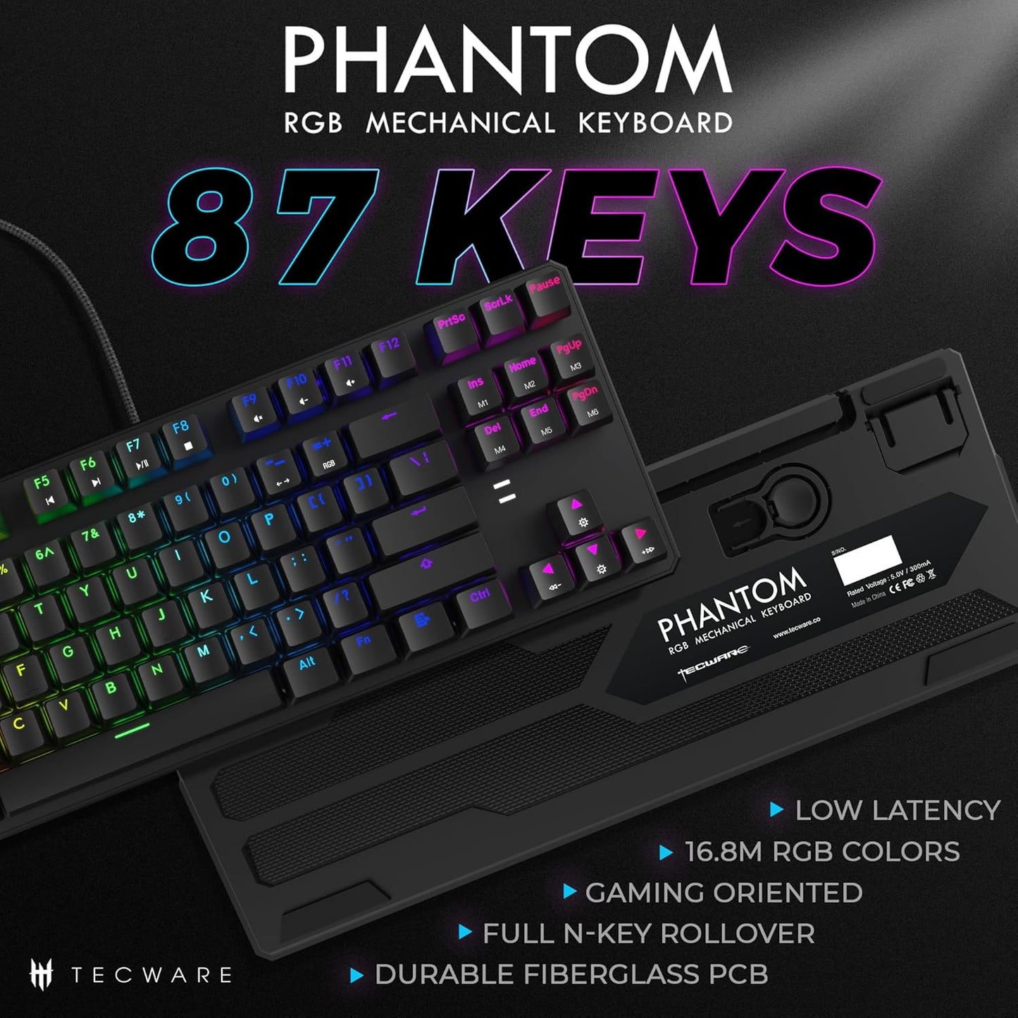Phantom 87-Key RGB Mechanical Gaming Keyboard with Outemu Red Switches, 16.8 Million Color LED Lighting, 18 Pre-Set Modes, Low Latency, N-Key Rollover, Customizable Software Keys, and Wired USB Connection