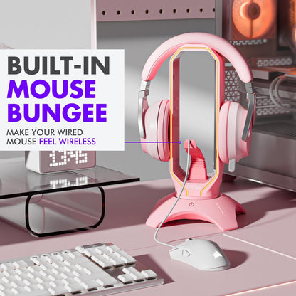 Elegant Pink Headphone Stand with RGB Lighting, Mouse Bungee Holder, and Dual USB Hub Charger - Premium Gaming Desk Accessories