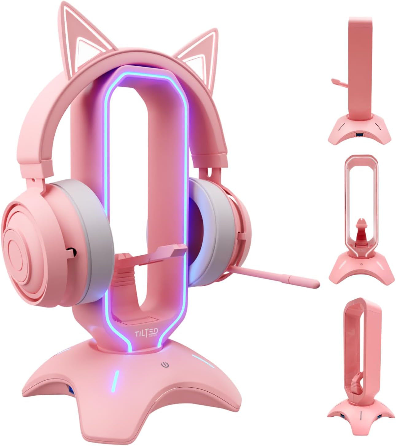 Elegant Pink Headphone Stand with RGB Lighting, Mouse Bungee Holder, and Dual USB Hub Charger - Premium Gaming Desk Accessories