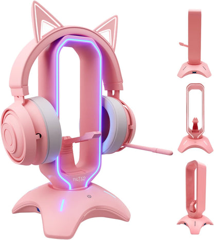 Elegant Pink Headphone Stand with RGB Lighting, Mouse Bungee Holder, and Dual USB Hub Charger - Premium Gaming Desk Accessories