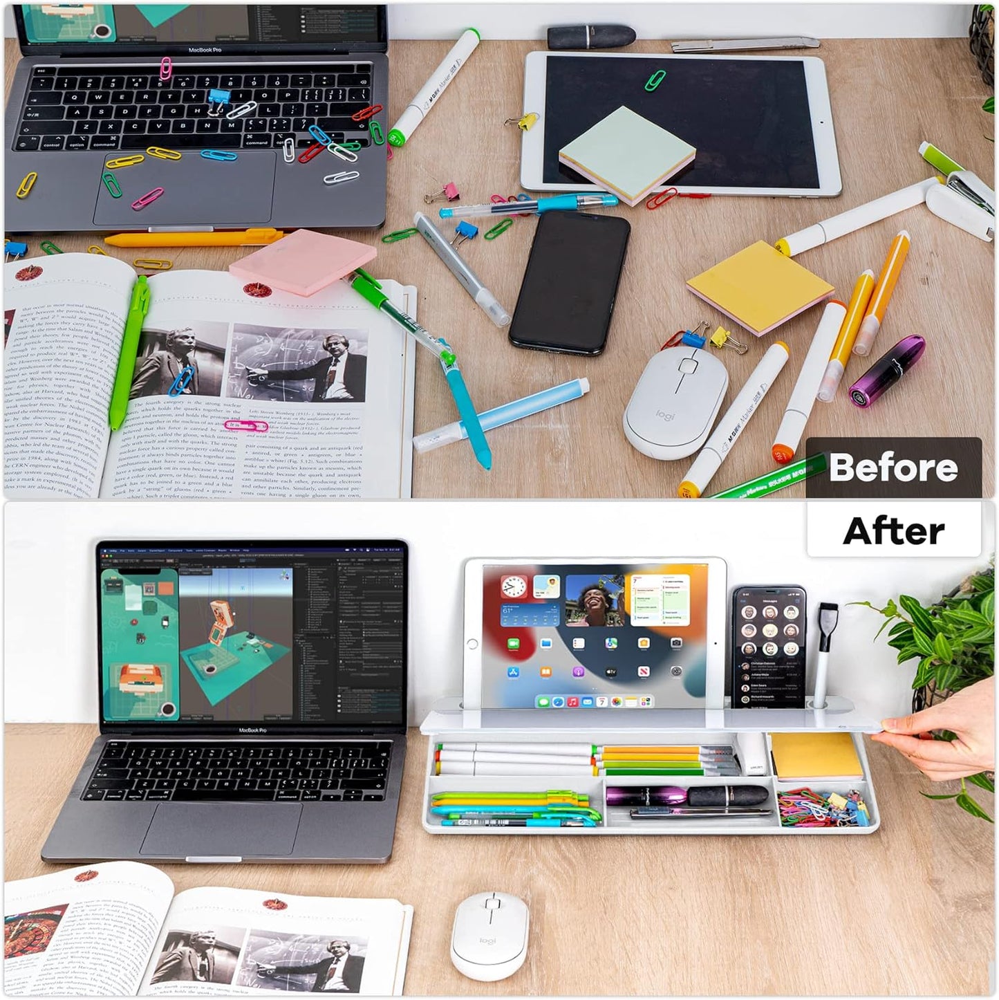 White Glass Desk Whiteboard with Storage - Desktop Organizer for To-Do Lists and Memo Notes, Dry Erase Board for Home Office and Educational Use