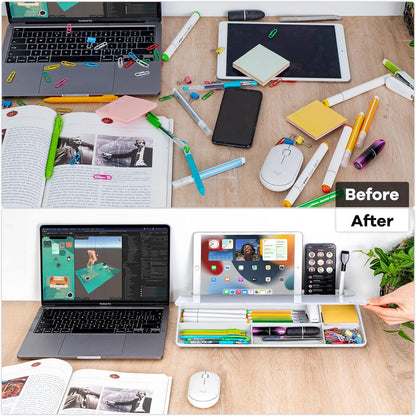 White Glass Desk Whiteboard with Storage - Desktop Organizer for To-Do Lists and Memo Notes, Dry Erase Board for Home Office and Educational Use