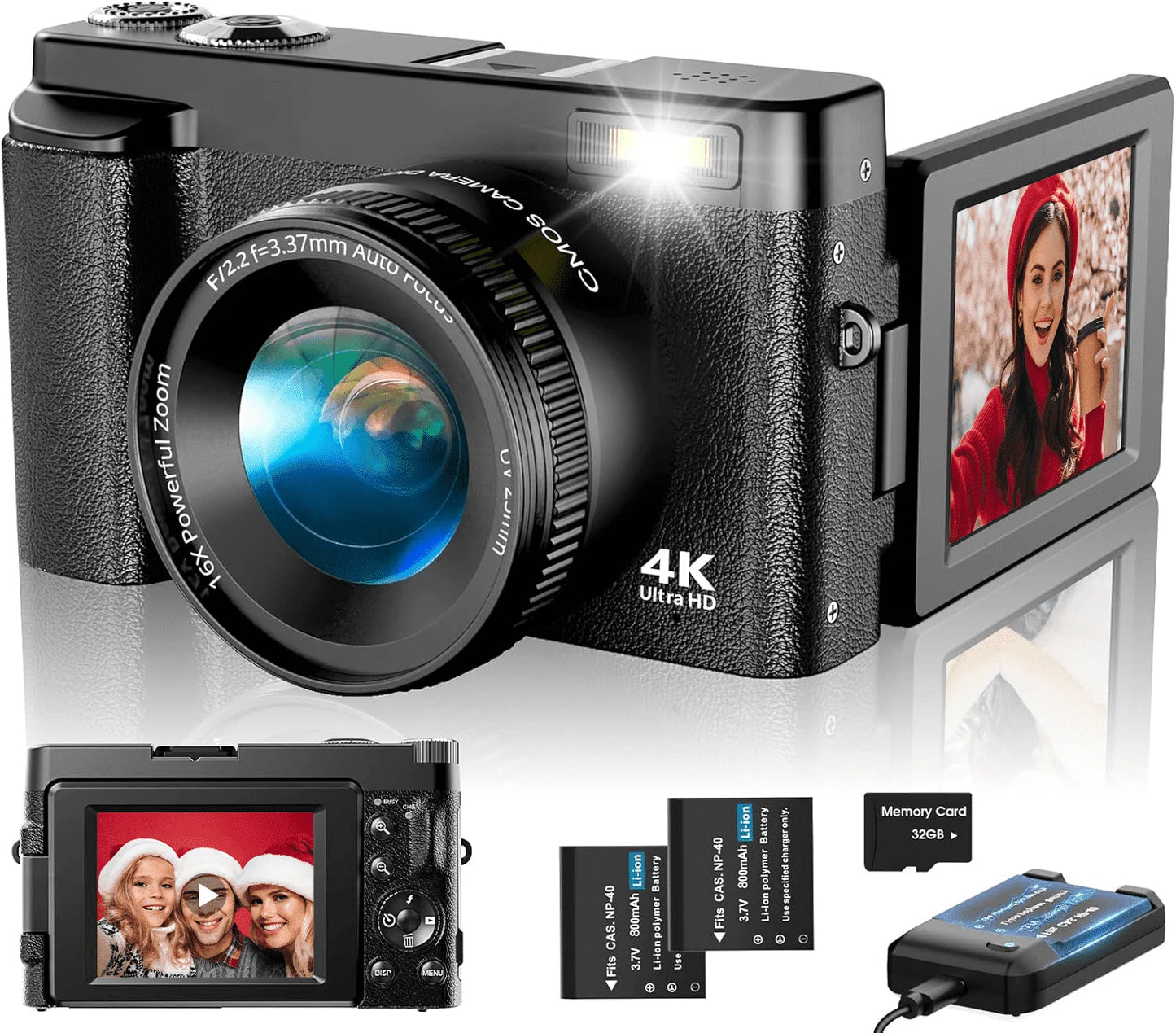 4K Digital Vlogging Camera with 48MP, Autofocus, 16X Digital Zoom, and 32GB Memory Card for Photography and YouTube