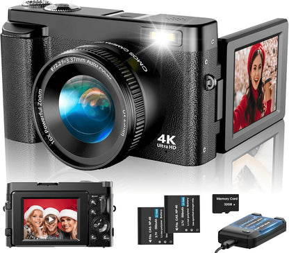 4K Digital Vlogging Camera with 48MP, Autofocus, 16X Digital Zoom, and 32GB Memory Card for Photography and YouTube