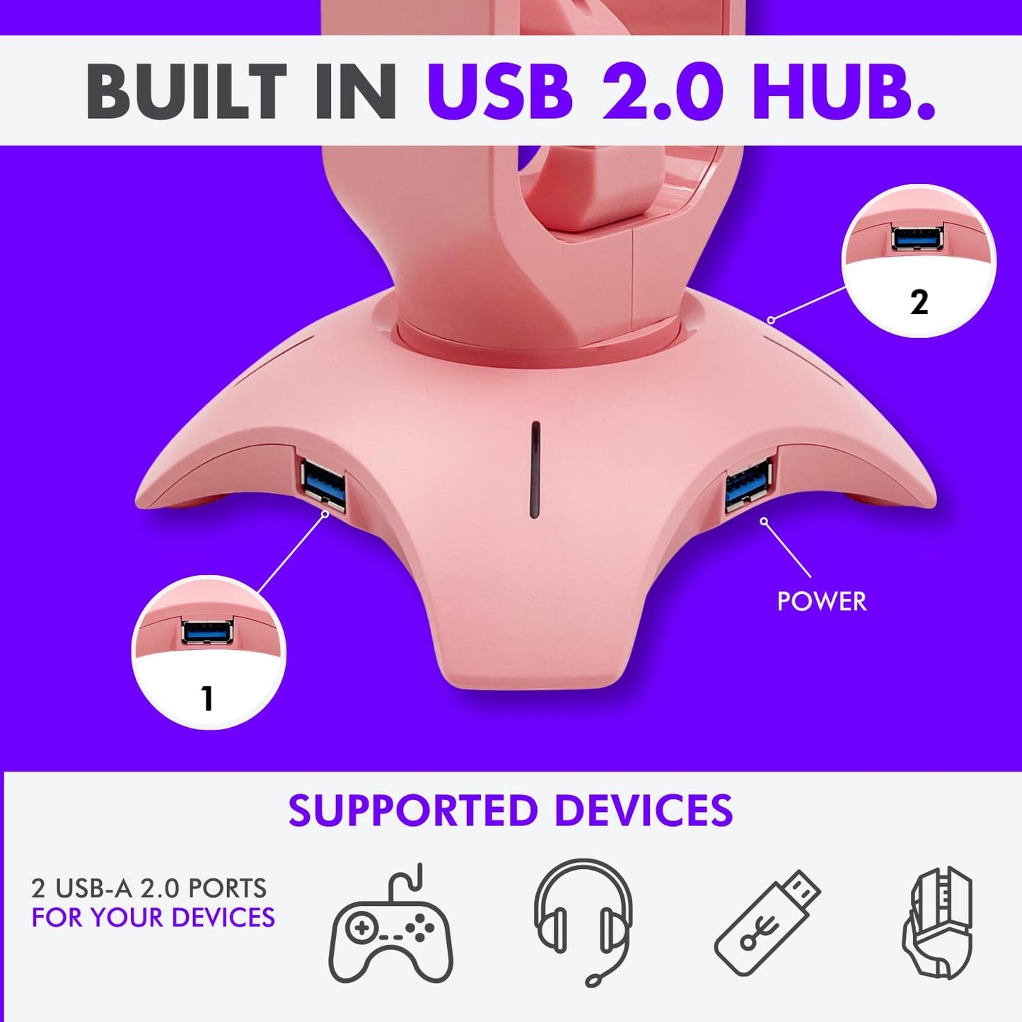 Elegant Pink Headphone Stand with RGB Lighting, Mouse Bungee Holder, and Dual USB Hub Charger - Premium Gaming Desk Accessories