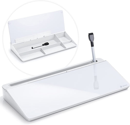 White Glass Desk Whiteboard with Storage - Desktop Organizer for To-Do Lists and Memo Notes, Dry Erase Board for Home Office and Educational Use