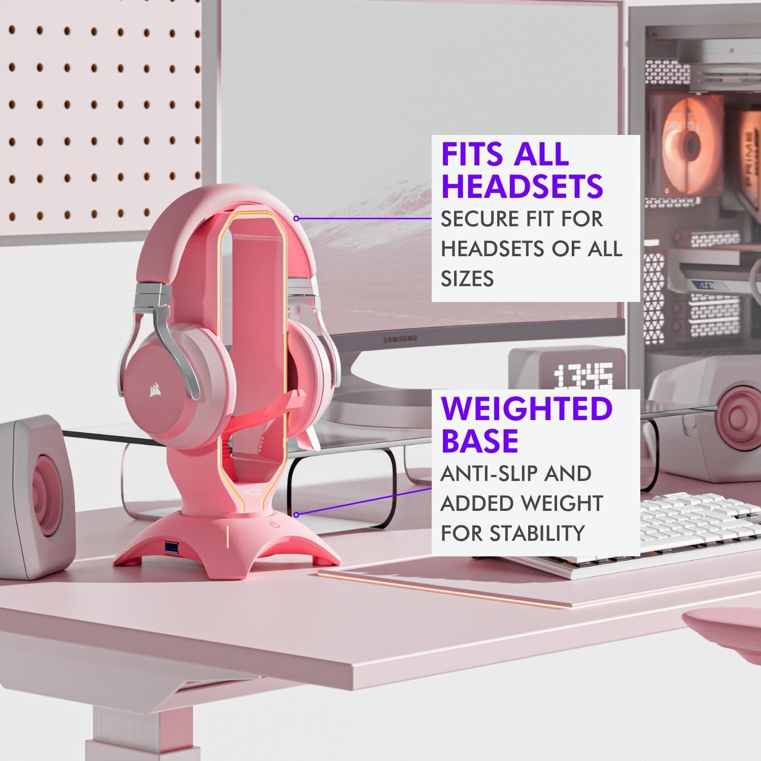Elegant Pink Headphone Stand with RGB Lighting, Mouse Bungee Holder, and Dual USB Hub Charger - Premium Gaming Desk Accessories