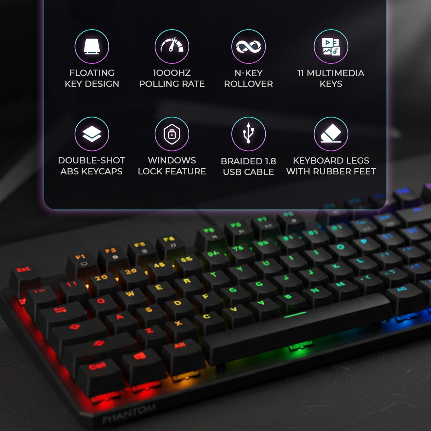 Phantom 87-Key RGB Mechanical Gaming Keyboard with Outemu Red Switches, 16.8 Million Color LED Lighting, 18 Pre-Set Modes, Low Latency, N-Key Rollover, Customizable Software Keys, and Wired USB Connection