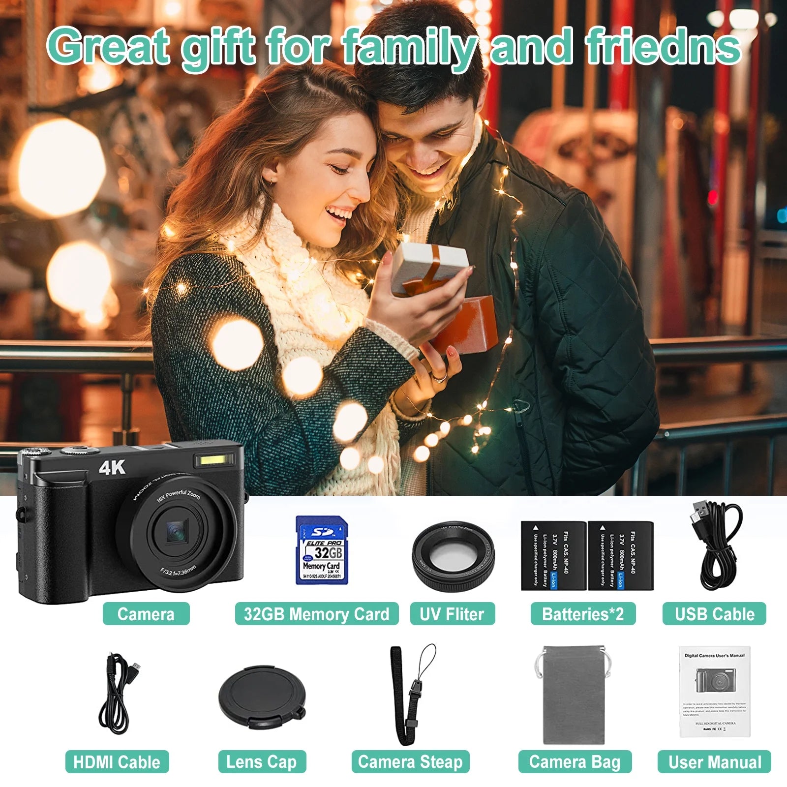 4K Digital Vlogging Camera with 48MP, Autofocus, 16X Digital Zoom, and 32GB Memory Card for Photography and YouTube