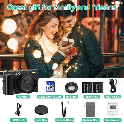 4K Digital Vlogging Camera with 48MP, Autofocus, 16X Digital Zoom, and 32GB Memory Card for Photography and YouTube