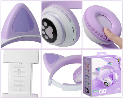 Children's Bluetooth Headphones with Cat Ear Design, LED Lights, Over-Ear Style, and Built-in Microphone