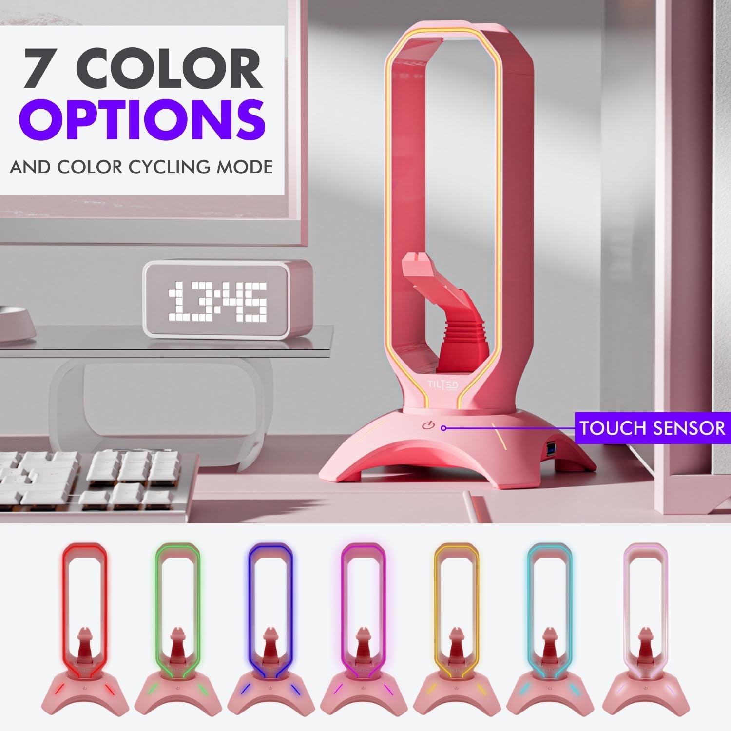 Elegant Pink Headphone Stand with RGB Lighting, Mouse Bungee Holder, and Dual USB Hub Charger - Premium Gaming Desk Accessories