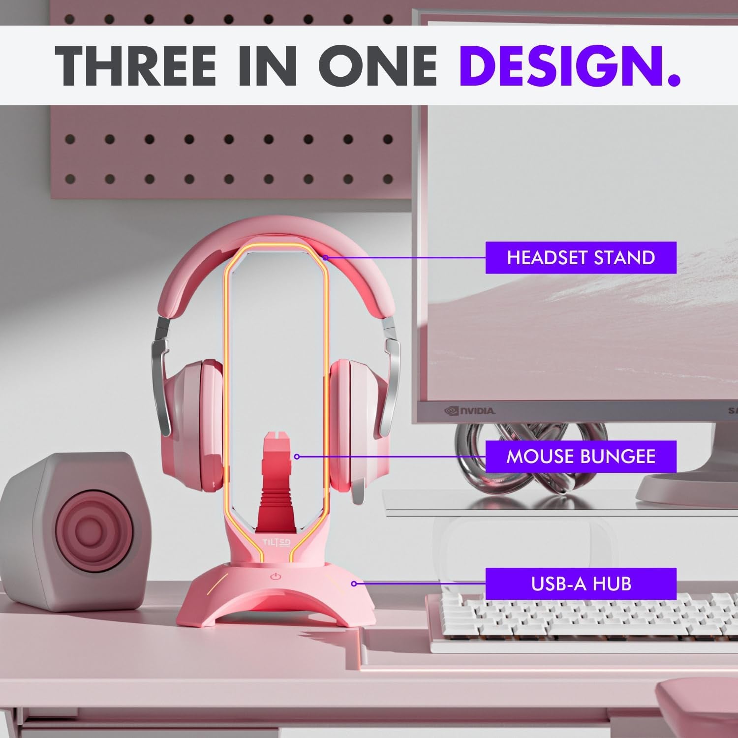Elegant Pink Headphone Stand with RGB Lighting, Mouse Bungee Holder, and Dual USB Hub Charger - Premium Gaming Desk Accessories